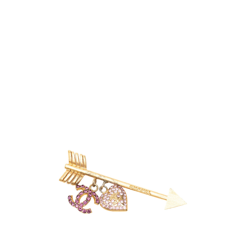 Pre-Loved Chanel CC Gold Plated Strass Arrow Heart Charm Pin Brooch - Picture 1 of 3
